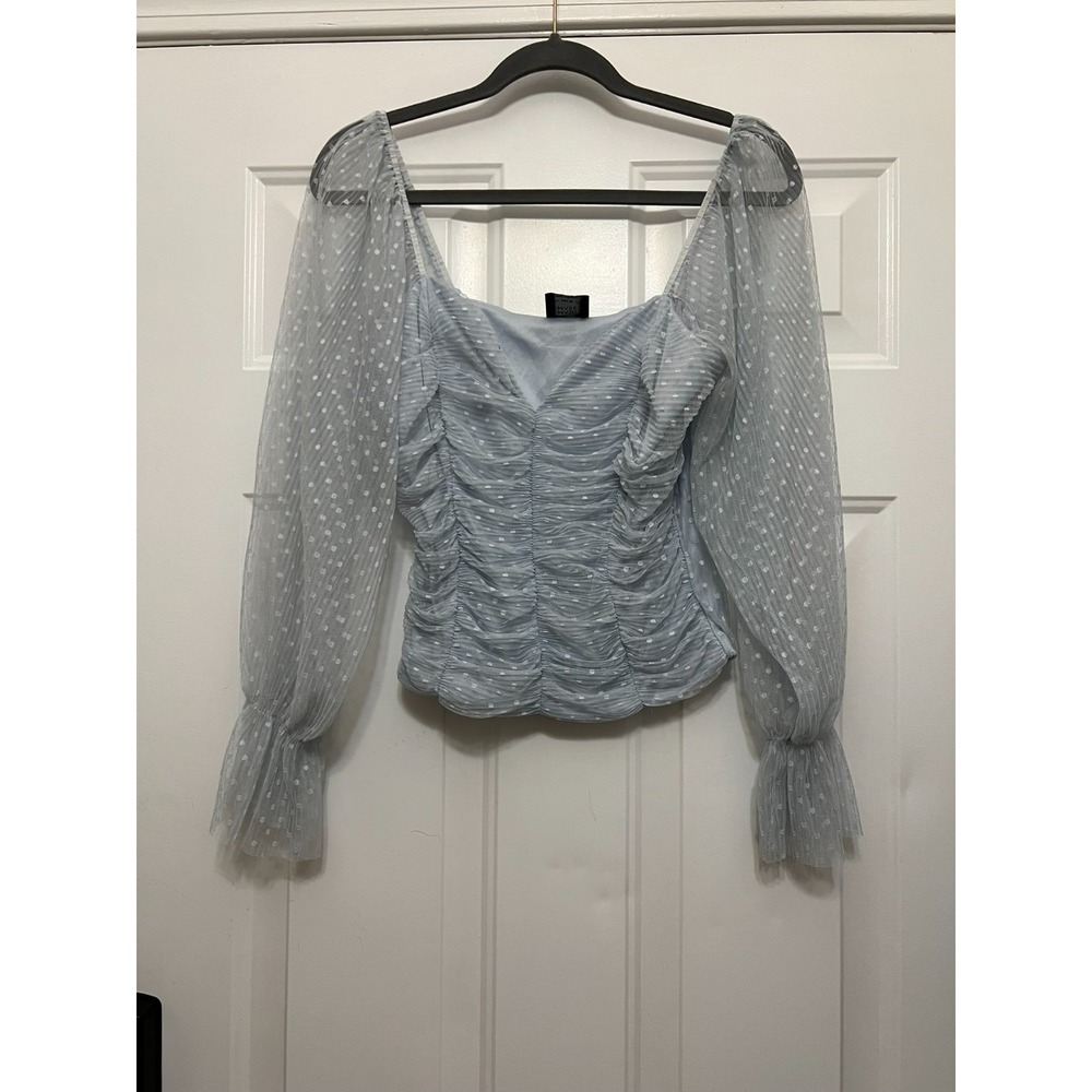 Madi Mase Women's Size Medium Light Blue Swiss Dotโ Lace Puff Sleeves Top Party
